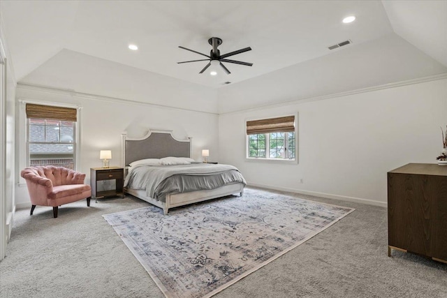 carpeted bedroom featuring ceiling fan, visible vents, baseboards, lofted ceiling, and recessed lighting