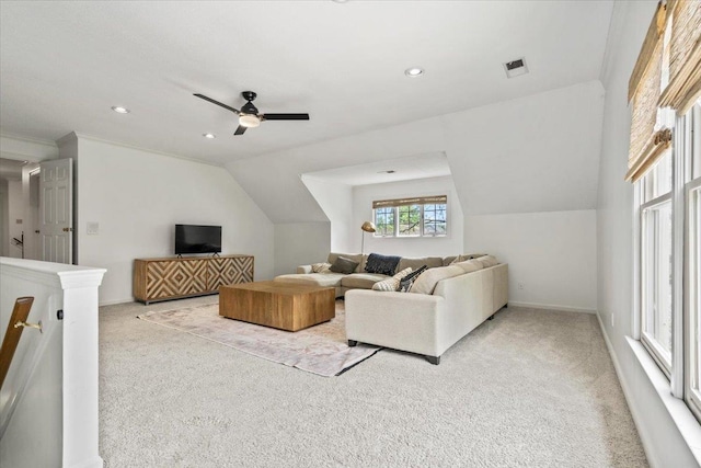 living area featuring recessed lighting, carpet flooring, a ceiling fan, and vaulted ceiling