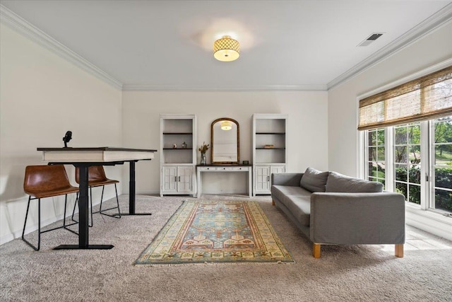 living area with carpet floors, crown molding, and visible vents