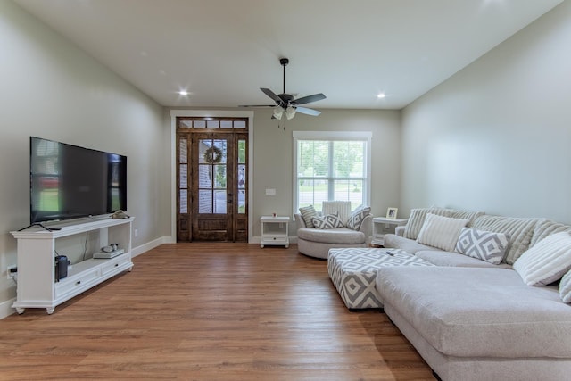 50 Melrose Cv, Savannah, TN 38372 - living area with baseboards, recessed lighting, light wood-style flooring, and ceiling fan