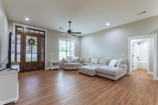 50 Melrose Cv, Savannah, TN 38372 - living room featuring light wood finished floors, visible vents, and ceiling fan