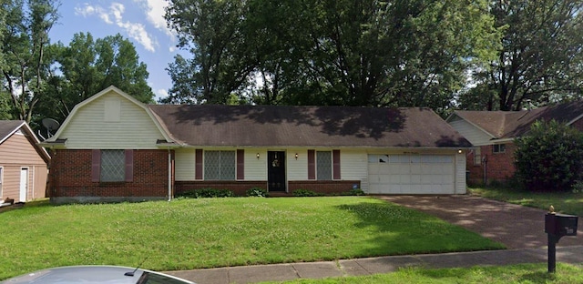 view of front of house featuring an attached garage, a gambrel roof, a front lawn, brick siding, and concrete driveway
