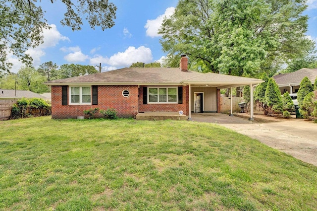 single story home with fence, a front yard, a chimney, brick siding, and driveway