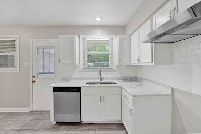 kitchen featuring stainless steel dishwasher, extractor fan, white cabinetry, a sink, and backsplash