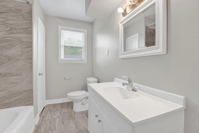 bathroom featuring a washtub, walk in shower, vanity, toilet, and marble finish floor