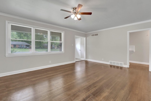 unfurnished room featuring ceiling fan, visible vents, ornamental molding, and a healthy amount of sunlight
