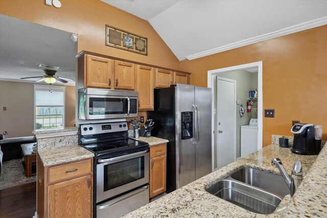 kitchen with lofted ceiling, light stone countertops, dark wood-type flooring, a sink, and stainless steel appliances