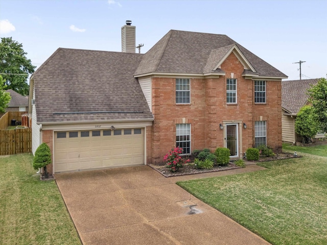 view of front of home featuring a garage, a chimney, brick siding, a shingled roof, and concrete driveway