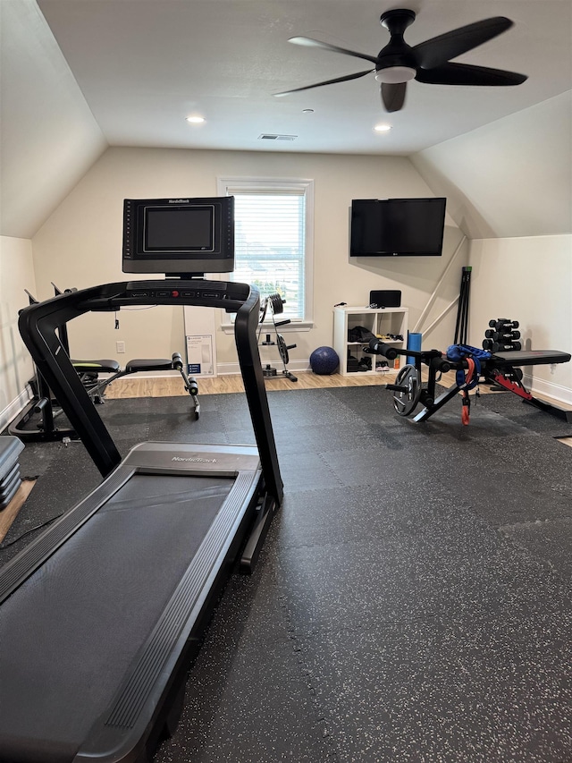 330 Mary Taylor Way, Piperton, TN 38017 - exercise room featuring vaulted ceiling, ceiling fan, and baseboards