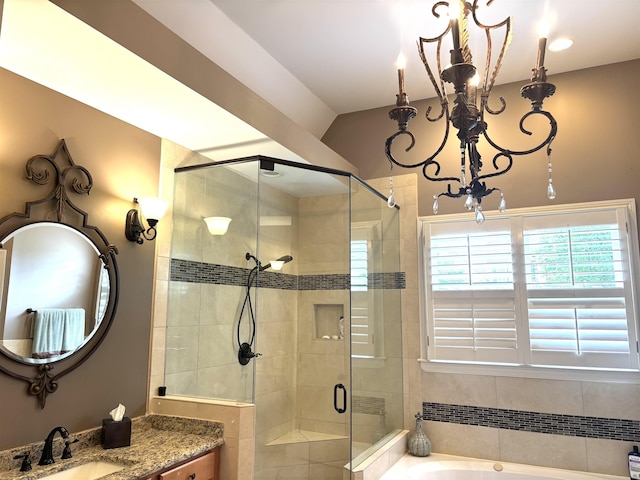 10202 Wynmanor Dr, Collierville, TN 38017 - full bath with a stall shower, a garden tub, a chandelier, and vanity
