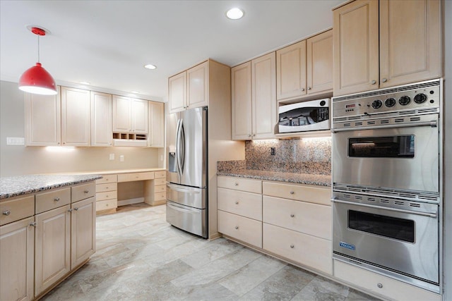 kitchen featuring decorative backsplash, light brown cabinets, recessed lighting, decorative light fixtures, and stainless steel appliances