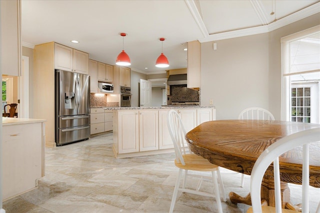 kitchen with backsplash, a peninsula, ornamental molding, stainless steel appliances, and recessed lighting