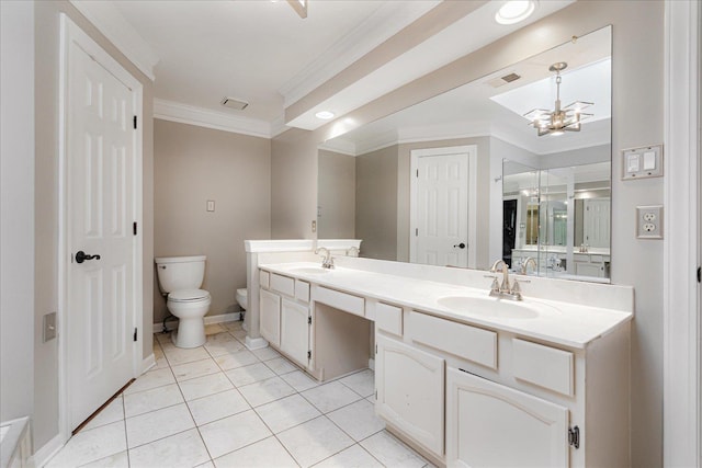 bathroom featuring visible vents, double vanity, ornamental molding, toilet, and a sink