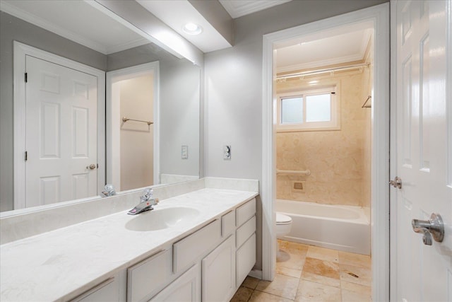 bathroom featuring crown molding, toilet, shower / bathing tub combination, and vanity