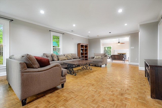 living room featuring baseboards, a fireplace, and a wealth of natural light