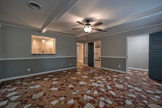 unfurnished bedroom with crown molding, baseboards, beamed ceiling, and a ceiling fan