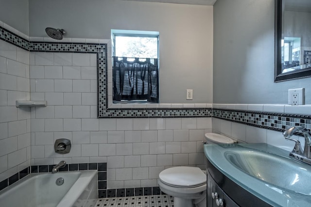 bathroom featuring vanity, a shower, toilet, tile walls, and a bath