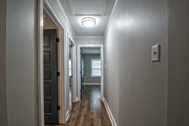 hallway featuring crown molding, attic access, dark wood finished floors, and baseboards