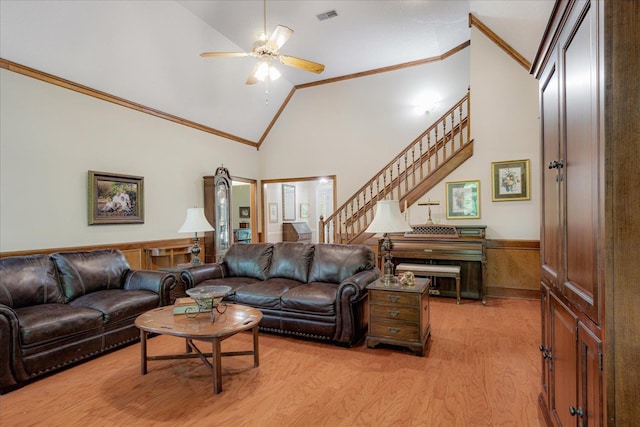 819 N Tree Dr, Collierville, TN 38017 - living room featuring crown molding, a ceiling fan, visible vents, and a wainscoted wall