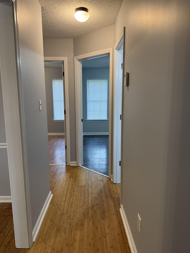 hallway with baseboards, a textured ceiling, and wood finished floors