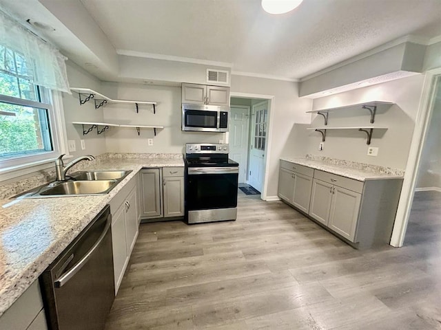 kitchen with open shelves, appliances with stainless steel finishes, a sink, visible vents, and gray cabinetry