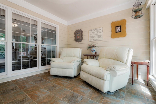 living area featuring wooden walls, crown molding, and stone finish floor