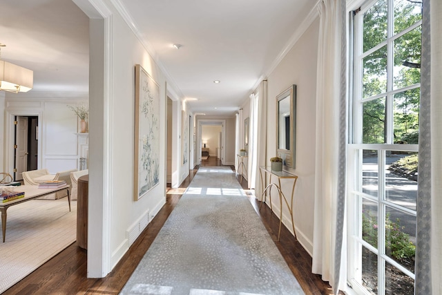 hall with dark wood finished floors, plenty of natural light, and ornamental molding
