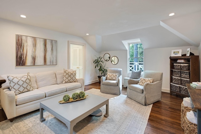 living room featuring recessed lighting, wood finished floors, and lofted ceiling