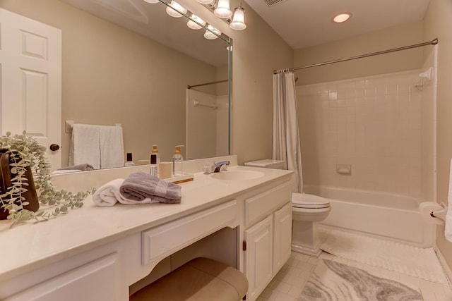 full bathroom featuring tile patterned flooring, shower / tub combo with curtain, visible vents, vanity, and toilet