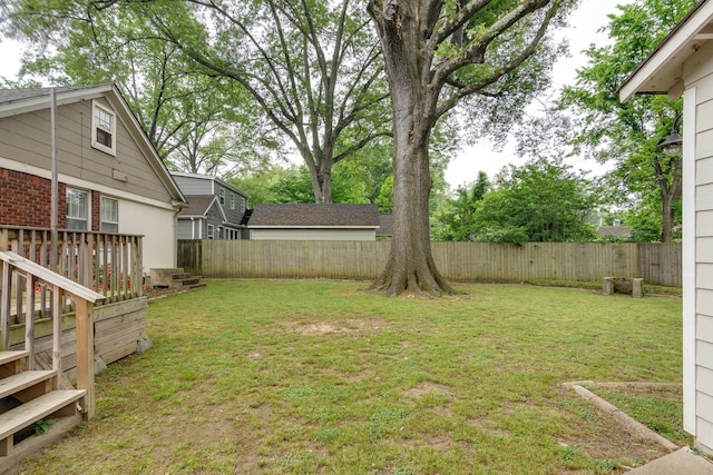 view of yard featuring a fenced backyard and a wooden deck
