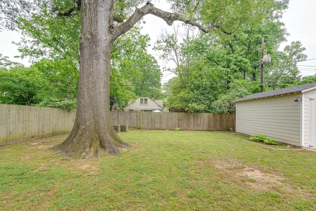 view of yard with an outbuilding, a fenced backyard, and a shed