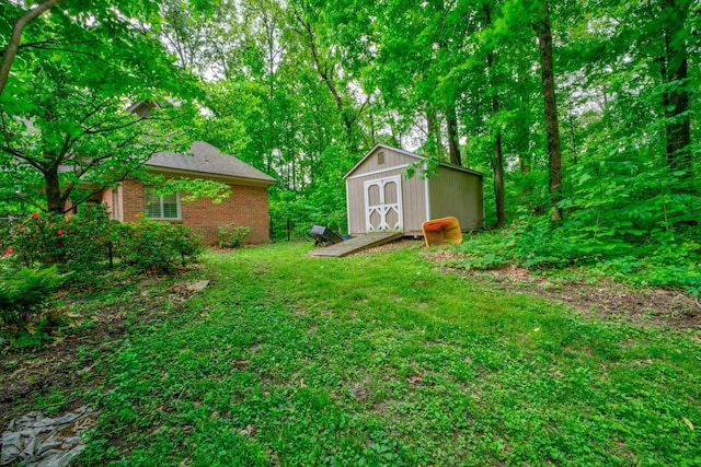 view of yard featuring a storage shed and an outdoor structure