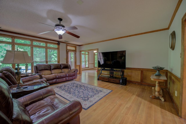 living area featuring crown molding, a ceiling fan, wainscoting, and wood finished floors