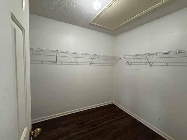 spacious closet with dark wood-type flooring and attic access