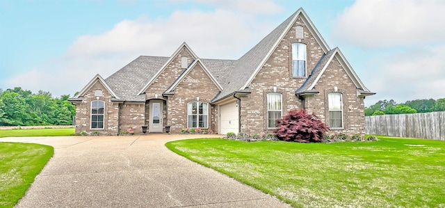 french country home featuring brick siding, fence, a front yard, and a garage