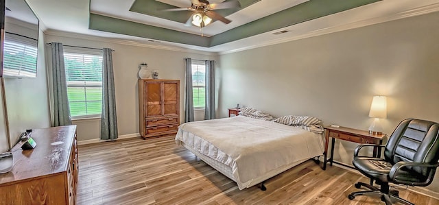 bedroom featuring a tray ceiling, multiple windows, and light wood-style flooring