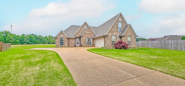 view of front facade with fence, concrete driveway, a front yard, and brick siding