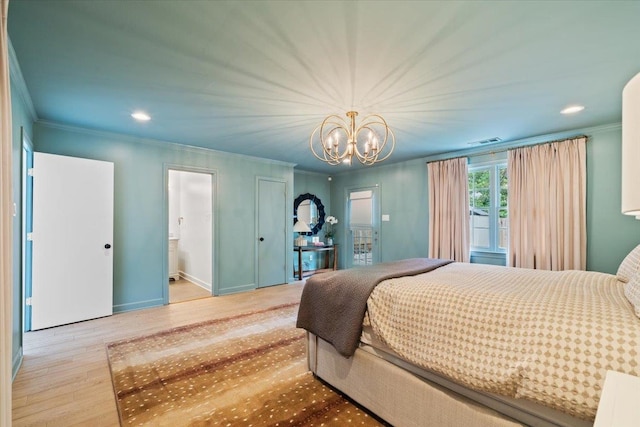 bedroom featuring visible vents, wood finished floors, an inviting chandelier, ornamental molding, and recessed lighting