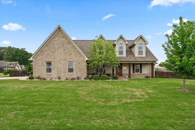 view of front of property featuring a porch, roof with shingles, brick siding, fence, and a front lawn