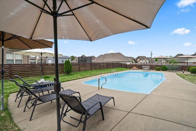view of pool with a fenced in pool, a residential view, a fenced backyard, and a patio area