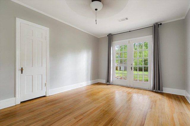 3537 Oakley Ave, Memphis, TN 38111 - spare room featuring a ceiling fan, french doors, visible vents, baseboards, and light wood-style flooring
