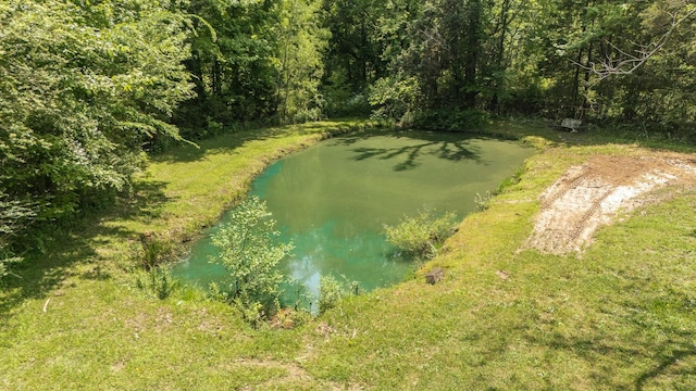 aerial view with a water view and a forest view