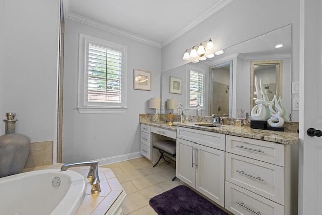 full bathroom with vanity, tile patterned floors, a shower stall, ornamental molding, and a garden tub