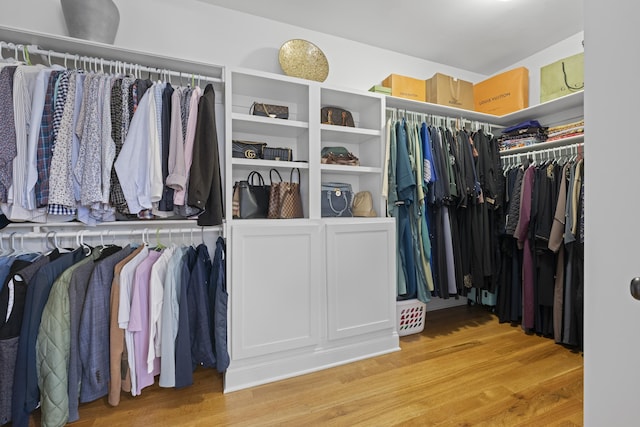 walk in closet with light wood finished floors