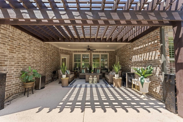 view of patio / terrace with a pergola, ceiling fan, and an outdoor hangout area