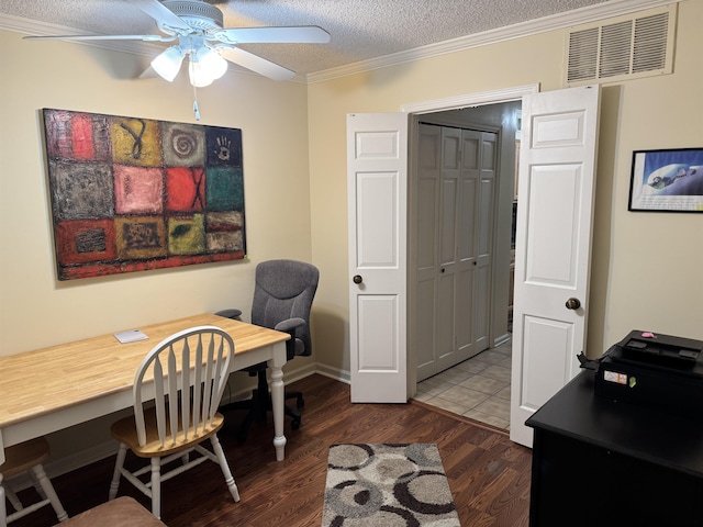 6905 Petworth Rd Unit 6905, Memphis, TN 38119 - office with crown molding, a ceiling fan, dark wood-type flooring, and a textured ceiling