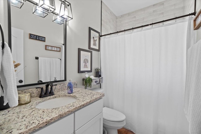 bathroom featuring vanity, a shower with curtain, and toilet