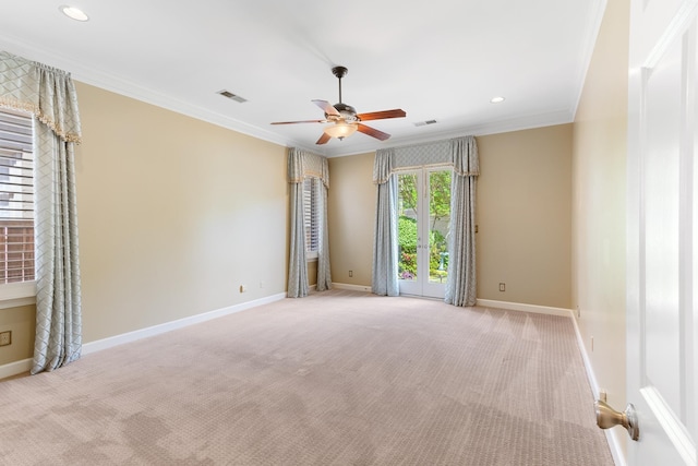 7298 Mont Blanc Dr, Germantown, TN 38138 - carpeted empty room featuring crown molding, baseboards, ceiling fan, and visible vents