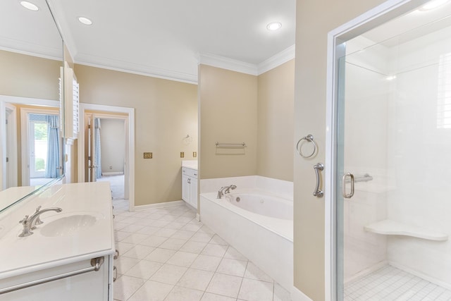 7298 Mont Blanc Dr, Germantown, TN 38138 - bathroom featuring crown molding, two vanities, tile patterned floors, a shower stall, and a sink