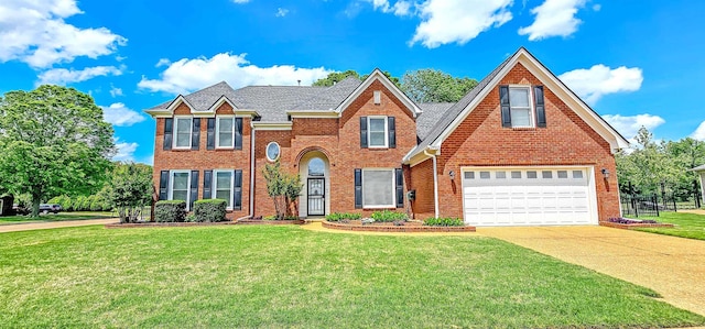 traditional home featuring a garage, a front yard, driveway, and brick siding